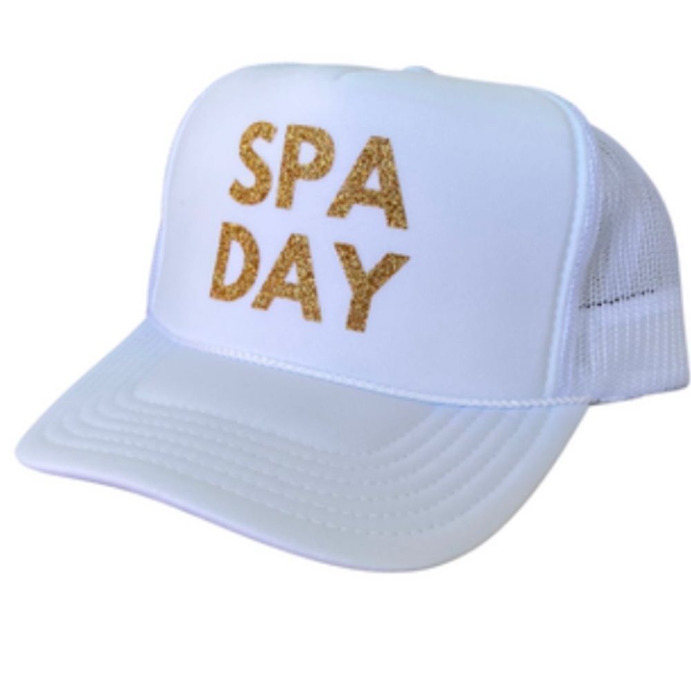 SPA DAY Gold Glitter White Trucker Hat BRAND NEW - Mesh Snap Back BRAND NEW Tags